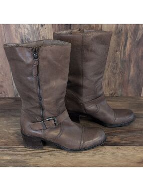 Franco Sarto Jelly Mid Calf Brown Leather Weathered Heeled Boots 11M   -c175